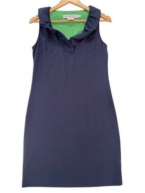 Gretchen Scott Navy Green Ruffle Neck Shift Dress XS Preppy Resort Sleeveless